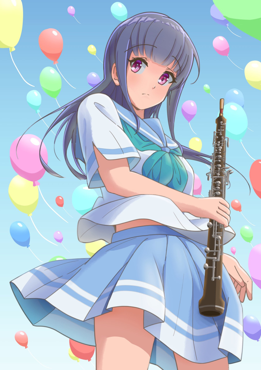 balloon blue_hair blue_neckwear blue_sailor_collar blue_skirt blue_sky blush closed_mouth frown hibike!_euphonium highres holding holding_instrument instrument kitauji_high_school_uniform long_hair matebashi neckerchief oboe outdoors pleated_skirt red_eyes sailor_collar school_uniform serafuku shirt short_sleeves skirt sky standing white_shirt yoroizuka_mizore