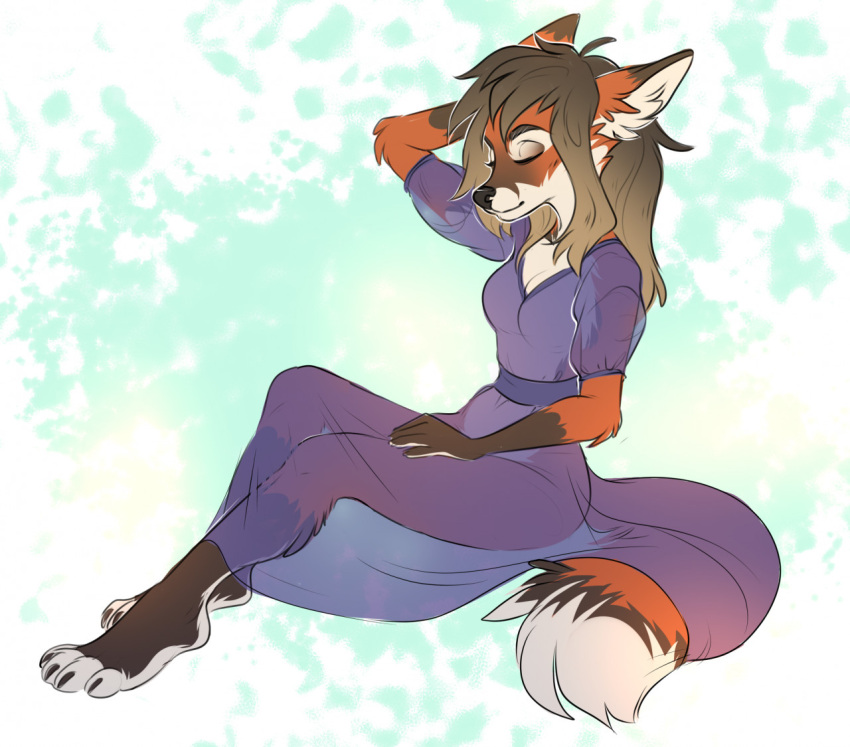 2021 4_toes 5_fingers anthro breasts brown_hair canid canine clothed clothing digital_media_(artwork) eyes_closed feet female fingers fox gimka hair mammal sitting smile toes