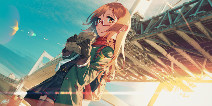 1girl backpack bag black_legwear black_skirt blew_andwhite blush brown_eyes brown_gloves brown_hair coat cowboy_shot food glasses gloves green_coat highres holding holding_food kantai_collection long_hair long_sleeves mochizuki_(kancolle) necktie open_clothes open_coat open_mouth pleated_skirt red-framed_eyewear signature skirt solo thighhighs white_neckwear