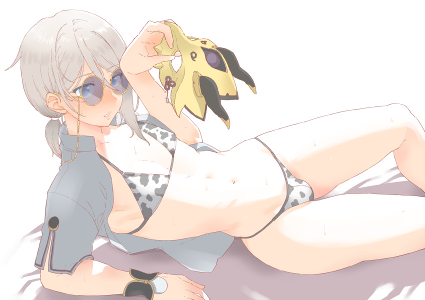 1boy animal_print bangs banned_artist bikini blue_eyes blush bulge collarbone cow_print eastern_socialite_attire fate/grand_order fate_(series) gao_changgong_(fate) glasses grey_shirt holding holding_mask looking_at_viewer mask mo_(kireinamo) navel open_clothes open_mouth open_shirt shirt short_hair short_ponytail short_sleeves silver_hair swimsuit thighs tinted_eyewear white_bikini wrist_cuffs