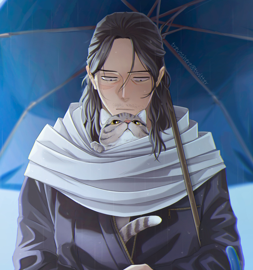 1boy aizawa_shouta animal black_hair black_jacket blurry blurry_background boku_no_hero_academia cat closed_mouth english_commentary facial_hair highres holding holding_umbrella jacket long_hair long_sleeves looking_down male_focus medium_hair scar scarf solo stubble trevo_(trevoshere) twitter_username umbrella upper_body white_scarf