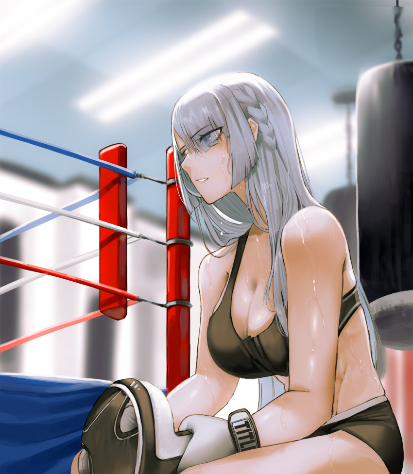 1girl abs ak-15_(girls_frontline) black_shorts black_sports_bra blurry blurry_background boxing_gloves boxing_ring braid breasts collarbone eyes_visible_through_hair french_braid girls_frontline greatspirite gym highres large_breasts long_hair punching_bag purple_eyes shorts silver_hair sports_bra sweat