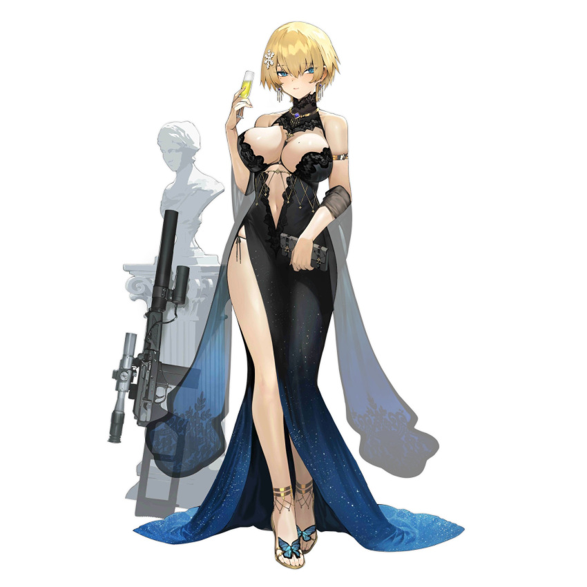 1girl bag bare_shoulders between_breasts black_dress blonde_hair blue_dress blue_eyes blush breasts bug butterfly closed_mouth commentary_request cup dress dress_flower drinking_glass earrings eyebrows_visible_through_hair full_body girls_frontline gun hair_ornament handbag high_heels highres holding holding_bag holding_cup insect jewelry large_breasts legs looking_at_viewer medium_hair mole mole_on_breast mole_under_eye nail_polish navel necklace official_art rifle shiny shiny_hair shiny_skin short_hair simple_background siqi_(miharuu) sleeveless sleeveless_dress snowflake_hair_ornament solo standing statue thighs toeless_footwear turtleneck vsk-94 vsk-94_(girls_frontline) weapon white_background wine_glass yellow_footwear