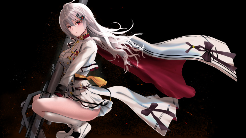 black gibun girls_frontline gray_hair gun kneehighs long_hair red_eyes skirt tagme_(character) weapon