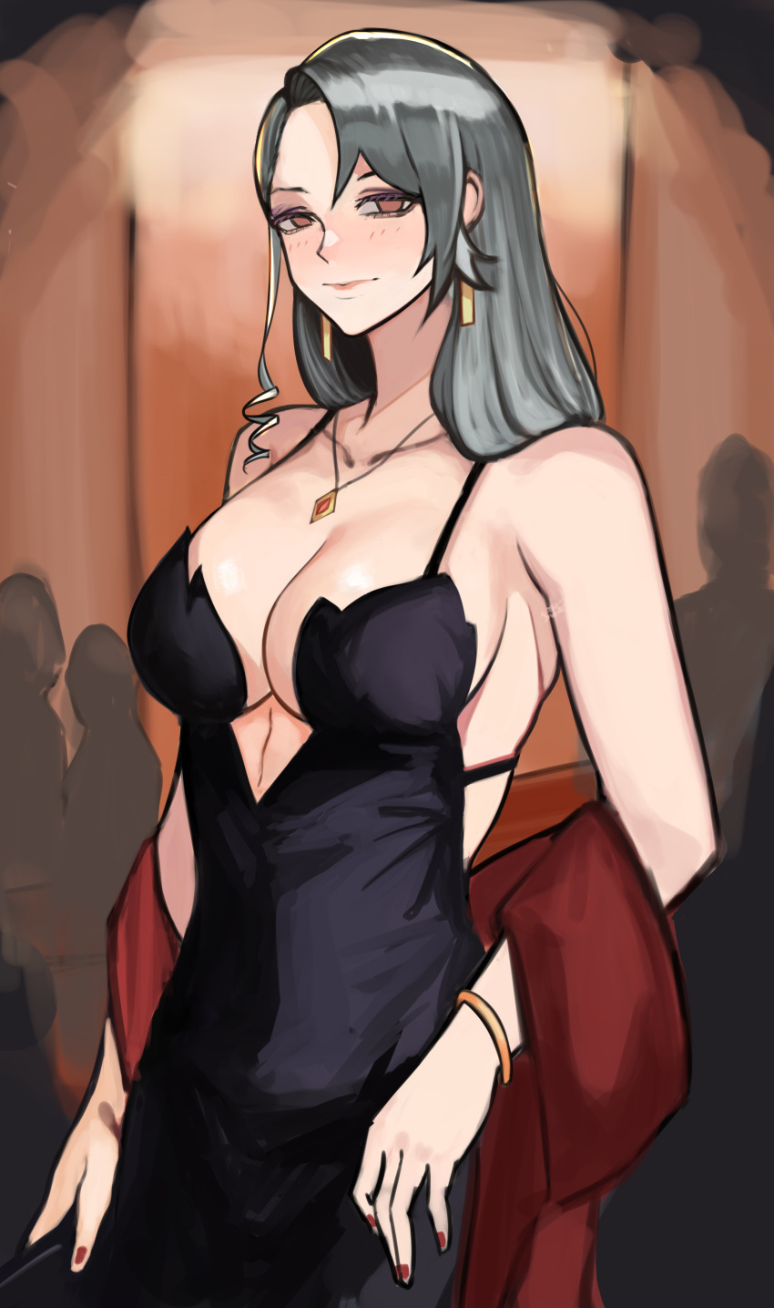 1girl absurdres bag bare_shoulders bracelet breasts brown_eyes cleavage dress earrings evening_gown handbag highres jewelry large_breasts long_hair necklace nero_watch niijima_sae persona persona_5 silver_hair