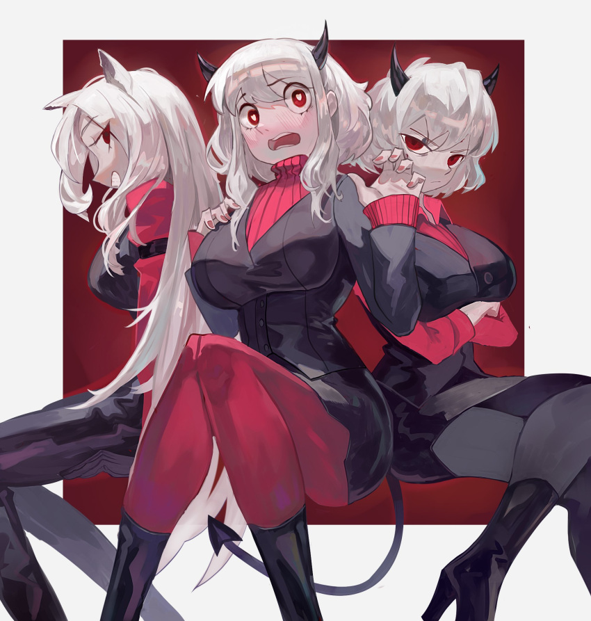 3girls animal_ears black_footwear black_gloves black_horns black_legwear black_pants black_tail black_vest boots breasts cerberus_(helltaker) demon_girl demon_horns demon_tail dog_ears formal gloves helltaker highres horns hors large_breasts looking_at_viewer malina_(helltaker) modeus_(helltaker) multiple_girls open_mouth pants pantyhose red_eyes red_legwear red_nails red_shirt red_sweater ribbed_sweater shirt short_hair sideboob sitting smile sweater tail vest vic white_hair