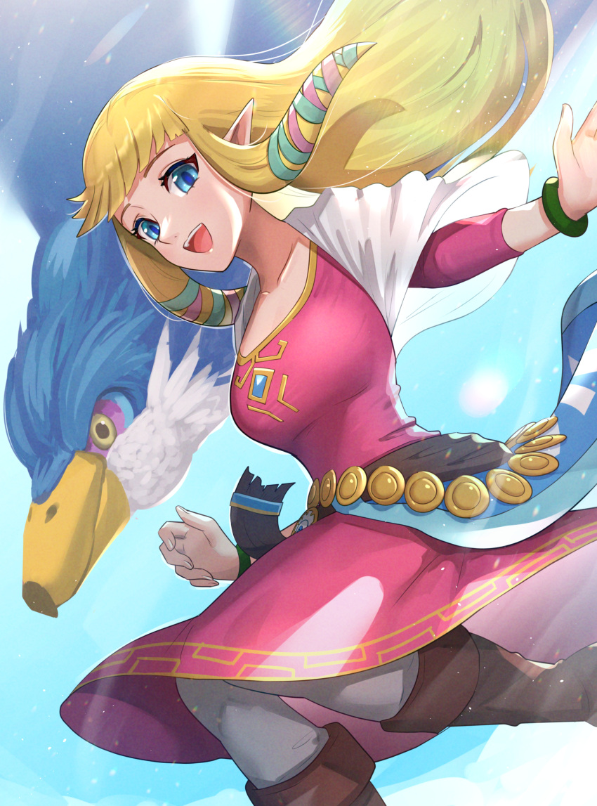 1girl absurdres aqua_eyes bangle bangs bird blonde_hair blue_background blue_pupils boots bracelet breasts commentary_request day dress falling gonzarez highres jewelry light_particles loftwing long_hair looking_at_viewer midair open_mouth pink_dress pointy_ears princess_zelda sidelocks sky smile solo sunlight the_legend_of_zelda the_legend_of_zelda:_skyward_sword upper_teeth very_long_hair