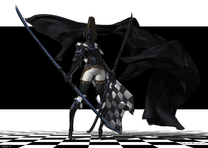 1other absurdres androgynous armor armored_boots belt black_background blade board_game boots breastplate cape chainmail chess chessboard dual_wielding english_commentary full_body gauntlets happyjobless helmet highres holding holding_sword holding_weapon knee_pads leg_belt looking_at_viewer original standing sword symbol_commentary weapon white_background