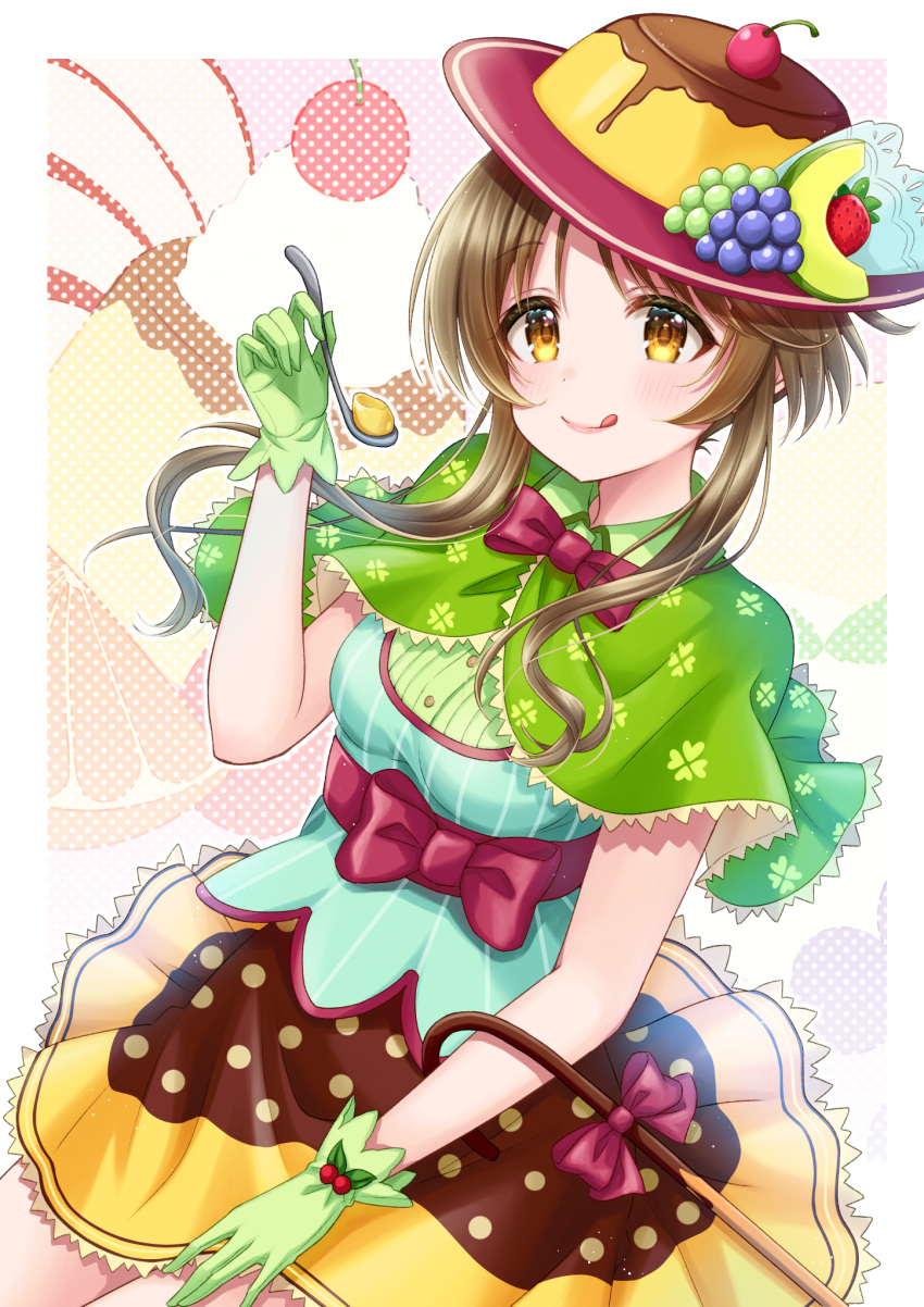 ;q blush brown_eyes brown_hair capelet closed_mouth commission food_themed_clothes gloves green_capelet green_gloves hat highres hiiragi_kei idolmaster idolmaster_cinderella_girls licking_lips one_eye_closed short_hair_with_long_locks skeb_commission skirt smile takamori_aiko tongue tongue_out yellow_skirt