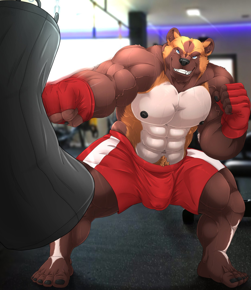 2021 abs anthro barazoku big_muscles bottomwear bulge clothing exercise fingerless_gloves genital_outline gloves gulonine gym handwear hi_res inside looking_at_viewer male mammal muscular muscular_anthro muscular_male mustelid musteline navel nipples pecs penis_outline pubes punch punching_bag shorts smile solo standing taighet_28 vein wolverine workout