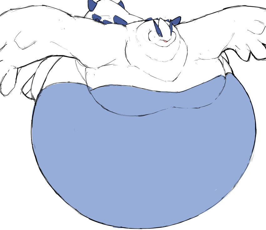 absurd_res anthro belly blue_belly blue_body feral hi_res holding_belly immobile legendary_pok&eacute;mon lugia male morbidly_obese nintendo obese overweight pok&eacute;mon pok&eacute;mon_(species) simple_background solo video_games white_body zephy_03