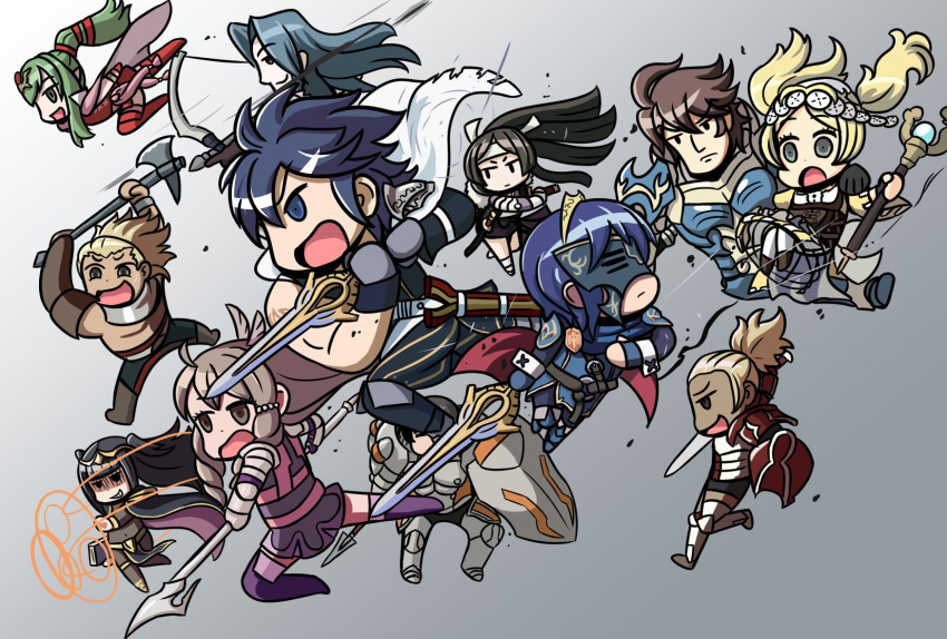 5boys 6+girls axe blonde_hair blue_hair box_art brown_hair butterfly_mask chibi chrom_(fire_emblem) english_commentary fire_emblem fire_emblem_awakening flavia_(fire_emblem) frederick_(fire_emblem) gradient gradient_background grey_background highres holding holding_axe holding_spear holding_sword holding_weapon kellam_(fire_emblem) lissa_(fire_emblem) magic marth_(fire_emblem_awakening) mask multiple_boys multiple_girls parody polearm riyo_(lyomsnpmp)_(style) say'ri_(fire_emblem) shield spear style_parody sumia sword tharja_(fire_emblem) tiki_(fire_emblem) vaike_(fire_emblem) virion_(fire_emblem) weapon will_(willanator93)