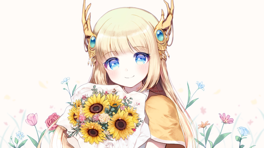 1girl bangs blonde_hair blue_eyes blue_flower blush bouquet brown_background brown_capelet brown_flower closed_mouth commentary commission eyebrows_visible_through_hair flower headgear long_hair mechuragi original pink_flower pink_rose rose smile solo sunflower symbol_commentary upper_body white_flower white_rose yellow_flower