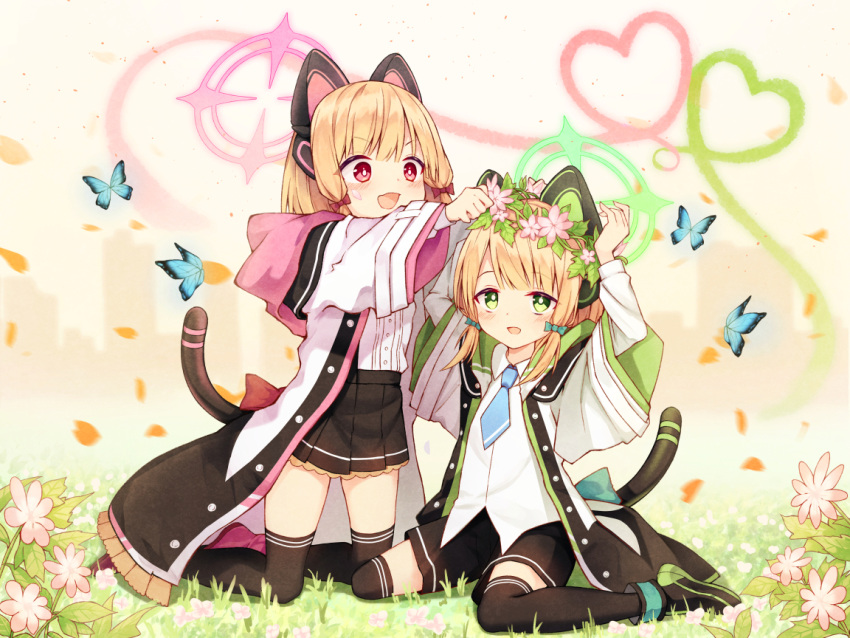 2girls :d animal animal_ears black_footwear black_legwear black_shorts black_skirt blonde_hair blue_archive blue_bow boots bow bug butterfly cat_ear_headphones commentary_request fake_animal_ears flower flower_wreath green_eyes hair_bow halo head_wreath headphones heart insect jacket kneeling layered_sleeves long_sleeves midori_(blue_archive) momoi_(blue_archive) multiple_girls nishina_kakeri on_grass open_clothes open_jacket open_mouth pink_flower pleated_skirt red_bow red_eyes shirt short_over_long_sleeves short_shorts short_sleeves shorts sitting skirt smile thighhighs thighhighs_under_boots wariza white_jacket white_shirt wide_sleeves