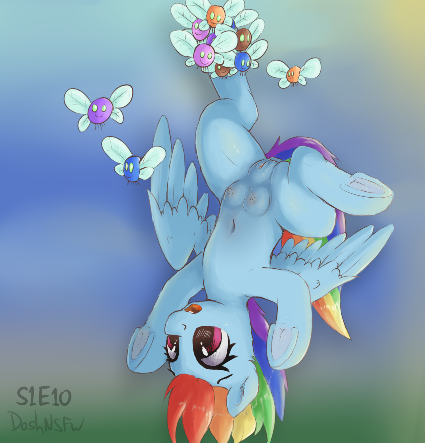 2021 animal_genitalia animal_pussy dosh equid equine equine_pussy eyelashes female friendship_is_magic genitals hi_res hooves mammal my_little_pony navel open_mouth parasprite_(mlp) pegasus pussy rainbow_dash_(mlp) teats underhoof upside_down wings