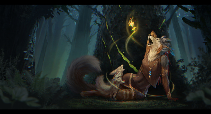 anthro breasts canid canine canis clothed clothing conditional_dnp detailed_background duo female fennec feral forest fox grass hi_res jackal latex_(artist) mammal night open_mouth outside plant teeth tongue tree