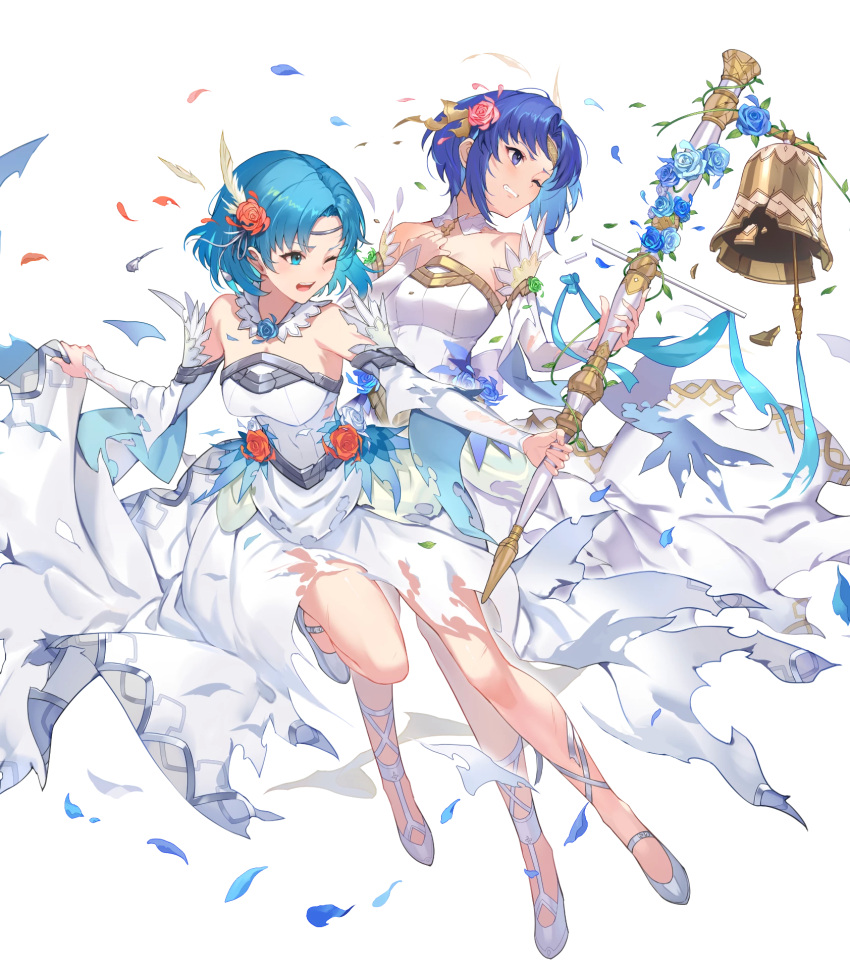 2girls bangs bare_shoulders bell blue_eyes blue_hair breasts catria_(fire_emblem) circlet closed_mouth detached_collar dress feather_trim fire_emblem fire_emblem:_mystery_of_the_emblem fire_emblem:_the_binding_blade fire_emblem_echoes:_shadows_of_valentia fire_emblem_heroes flower full_body hair_ornament highres jewelry kakage leg_up looking_away medium_breasts multiple_girls official_art one_eye_closed open_mouth parted_lips shiny shiny_hair shiny_skin short_hair skirt strapless strapless_dress thea_(fire_emblem) torn_clothes torn_skirt transparent_background wedding_dress white_dress white_footwear