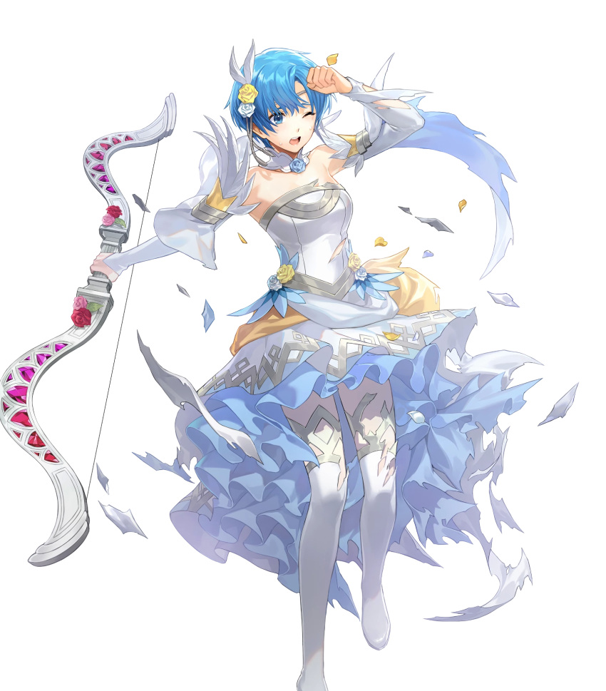 1girl bangs blue_eyes blue_hair boots bow_(weapon) breasts circlet clenched_hand detached_collar dress feather_trim fire_emblem fire_emblem:_the_binding_blade fire_emblem_heroes full_body hair_ornament hakou_(barasensou) highres holding holding_bow_(weapon) holding_weapon jewelry looking_away medium_breasts official_art one_eye_closed open_mouth pantyhose shanna_(fire_emblem) shiny shiny_hair short_hair solo strapless strapless_dress thigh_boots thighhighs torn_clothes transparent_background weapon wedding_dress white_dress white_footwear