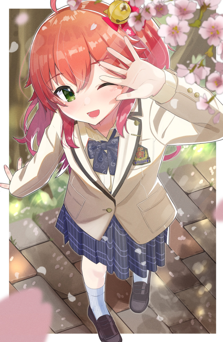 1girl ;d absurdres ahoge alternate_costume bell blazer brown_jacket cherry_blossoms commentary_request flower green_eyes hair_bell hair_ornament hairclip highres hololive jacket jingle_bell one_eye_closed one_side_up open_mouth pleated_skirt red_hair sakura_miko school_uniform shaded_face skirt smile solo spring_(season) tatedano_kabae uniform virtual_youtuber x_hair_ornament