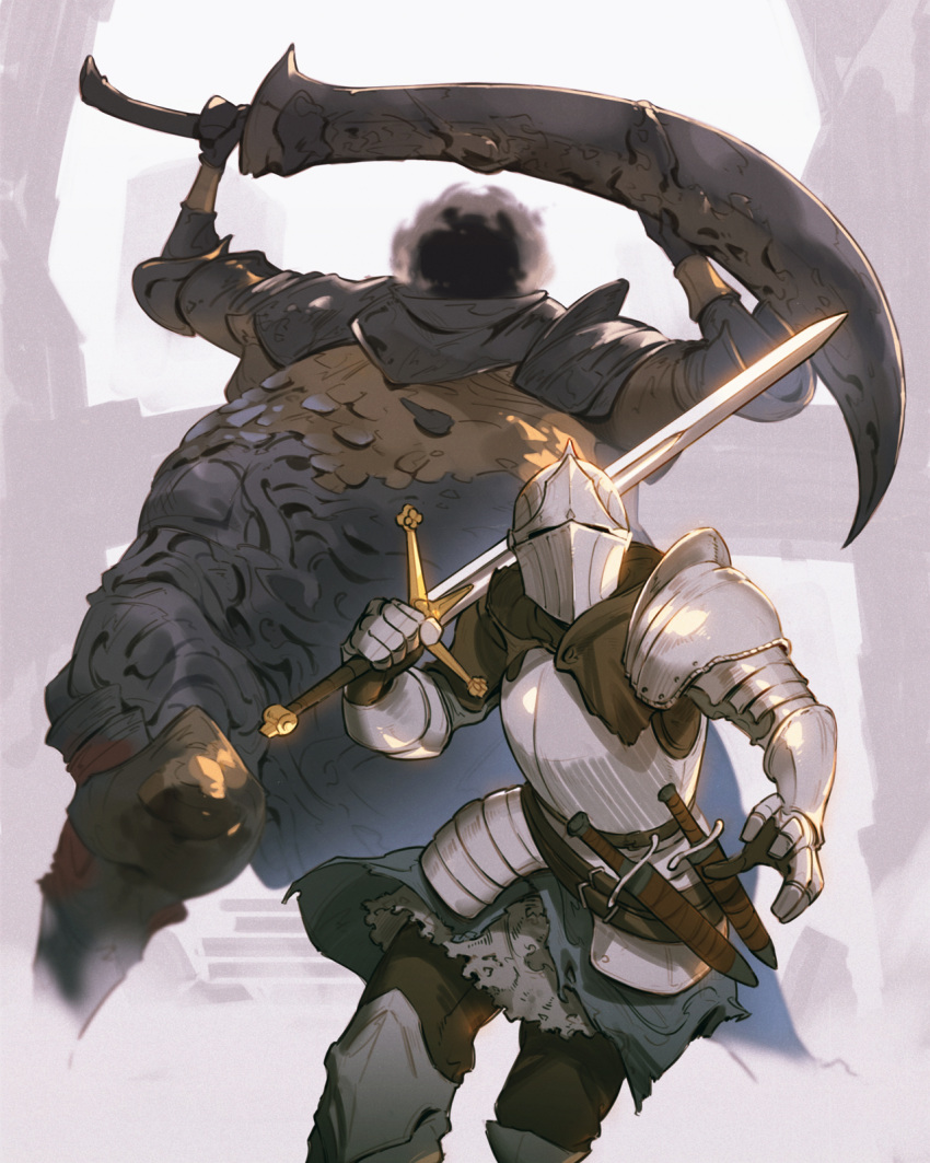 2others armor arms_up ashen_one_(dark_souls_3) brown_pants dagger dark_souls_iii fat full_armor gauntlets greatsword greaves harald_legion_knight headless helmet highres holding holding_sword holding_weapon jiro_(ninetysix) knight long_sword multiple_others outdoors over_shoulder pants running shield shoulder_armor souls_(from_software) stairs sword weapon weapon_over_shoulder