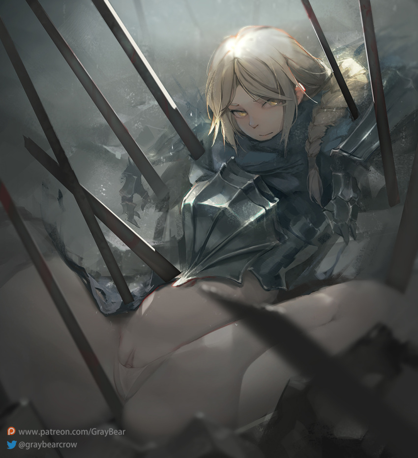 1girl armor blonde_hair bottomless braid cape clitoris_slip dark_souls gauntlets gray_bear highres long_hair looking_at_viewer looking_to_the_side lord's_blade_ciaran panties plate_armor polearm pussy pussy_peek single_braid solo souls_(from_software) spear spread_legs underwear weapon yellow_eyes