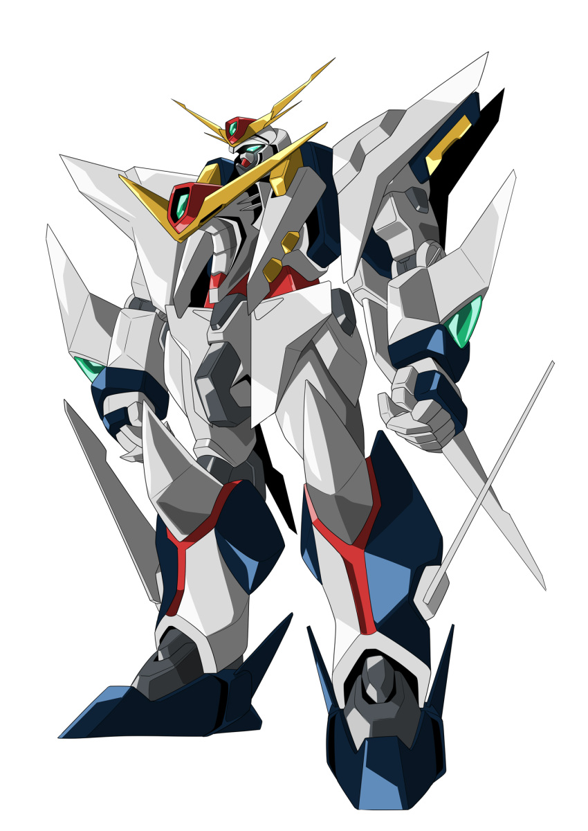 clenched_hands commentary_request fukaya_yuu full_body green_eyes gundam gundam_hathaway's_flash highres mecha mobile_suit modified no_humans science_fiction shiny solo standing v-fin white_background xi_gundam