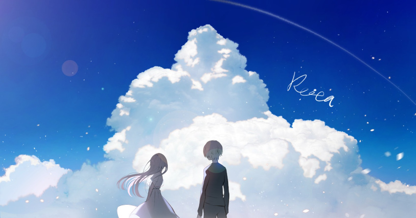 1boy 1girl black_pants black_shirt blue_sky brown_hair cloud commentary_request cumulonimbus_cloud day dress facing_away floating_hair from_behind highres hoshizaki_reita long_hair original outdoors pants shirt short_sleeves signature sky summer very_long_hair white_dress