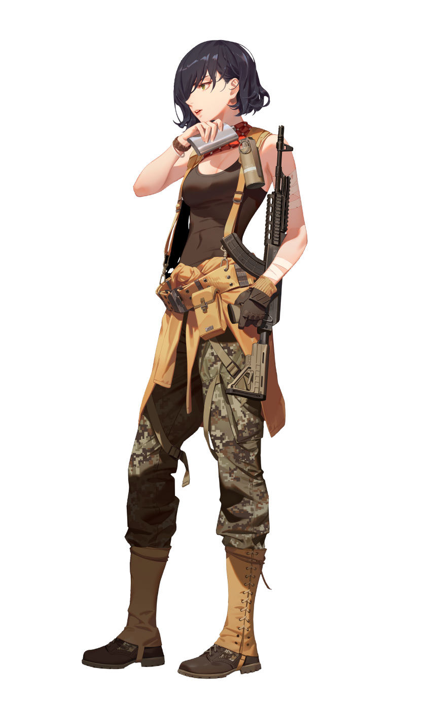 1girl absurdres artist_request assault_rifle bangs bare_shoulders belt black_hair black_survival boots breasts brown_footwear camouflage camouflage_pants cleavage fingernails from_side full_body gaiters gloves green_eyes grey_shirt gun hair_over_one_eye highres holding holding_flask holding_gun holding_weapon lips looking_away military military_uniform official_art pants parted_lips pouch red_neckwear rifle rozzi_(black_survival) shirt short_hair single_glove sleeveless sleeveless_shirt smoke_grenade solo standing transparent_background uniform weapon wristwear