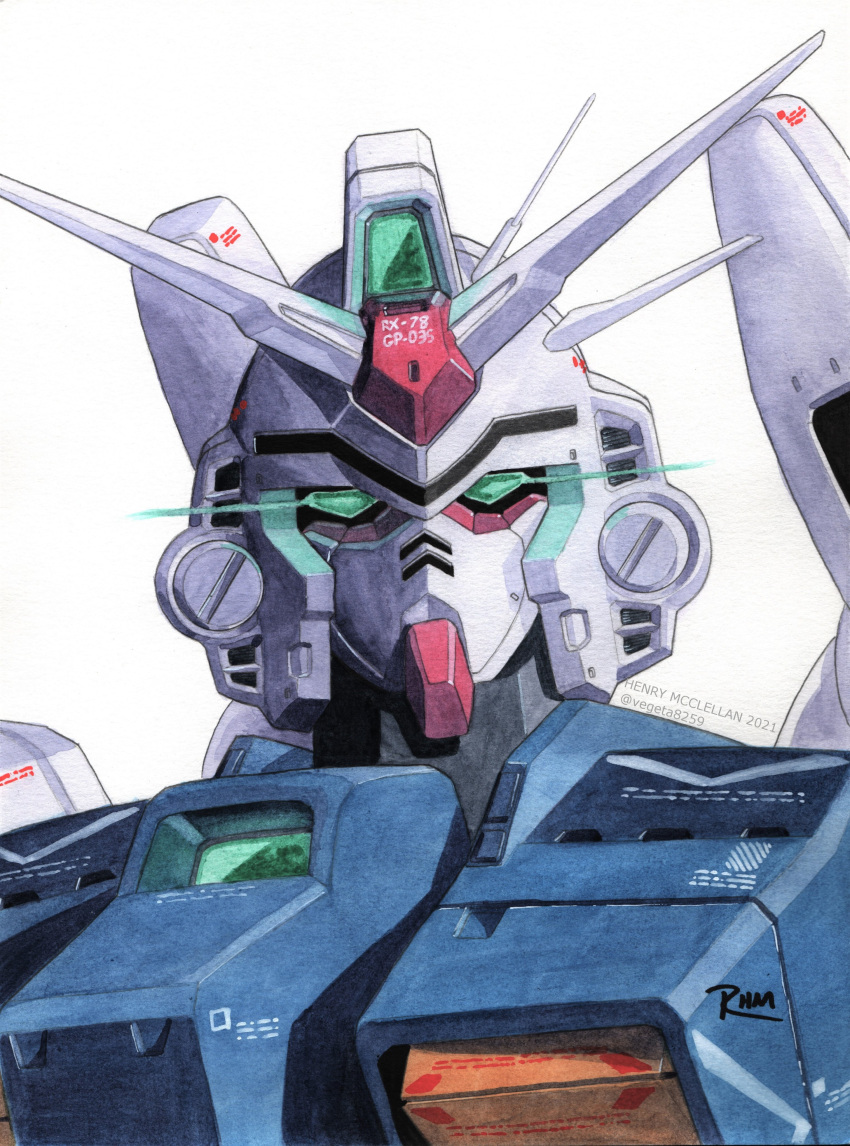 absurdres artist_name commission glowing green_eyes gundam gundam_0083 gundam_gp-03_stamen head_tilt henry_(vegeta8259) highres looking_at_viewer mecha mobile_suit no_humans science_fiction solo traditional_media twitter_username upper_body v-fin