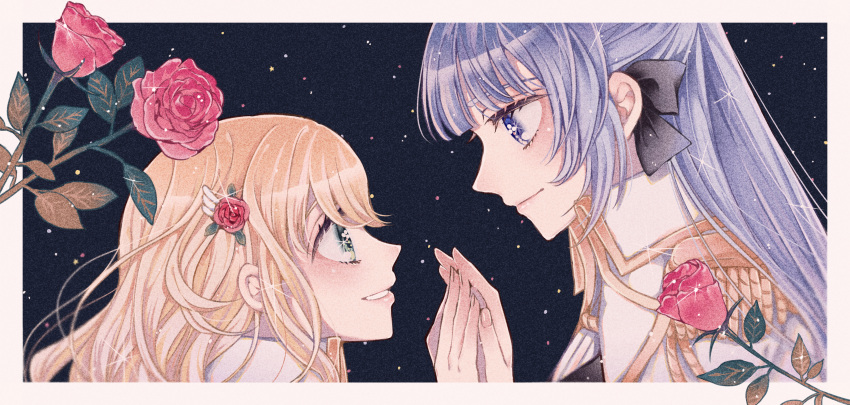 2girls absurdres aiguillette bangs beige_border black_background black_ribbon blonde_hair blue_eyes blunt_bangs border closed_mouth epaulettes eye_contact fingernails flower from_side green_eyes hair_between_eyes hair_flower hair_ornament hair_ribbon half_updo hand_up hands_together haruhana_aya high_collar highres huge_filesize jacket light_particles light_smile long_hair looking_at_another looking_down looking_up multiple_girls outside_border parted_lips portrait profile red_flower red_rose ribbon rose shiny shiny_hair shoujo_kageki_revue_starlight shoujo_kageki_revue_starlight_-re_live- sidelocks silver_hair smile sparkle starry_background uniform wavy_hair white_jacket yukishiro_akira yumeoji_shiori yuri