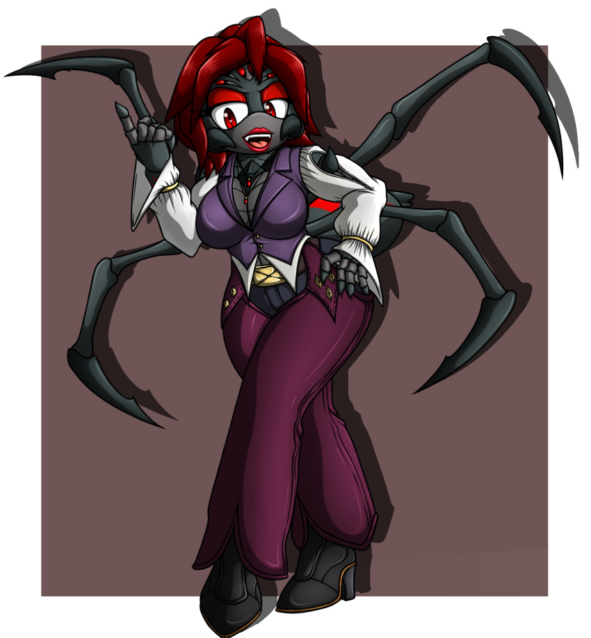 anthro arachnid araneomorph arthropod black_widow_spider clothed clothing eyeshadow fan_character fangs female hair hi_res high_heels lipstick makeup red_eyes red_hair snowyowlkonnen solo sonic_the_hedgehog_(series) spider theridiid widow_spider