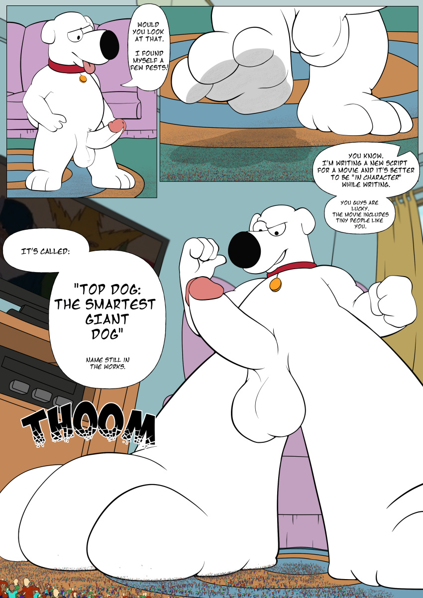 absurd_res brian_griffin canid canine canis domestic_dog english_text family_guy feet genitals giantboonehusky_(artist) hi_res macro mammal micro paws penis squeezing text