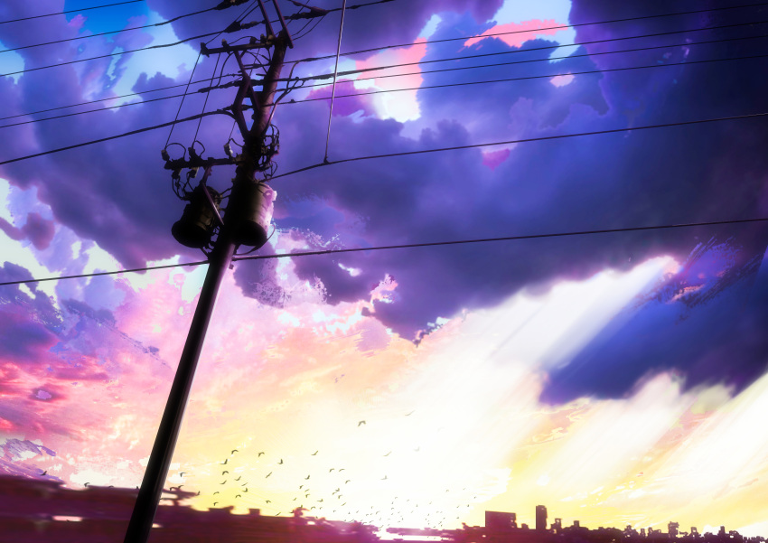 absurdres bird blue_sky building building_block city cityscape cloud commentary_request dark_clouds evening flock highres light light_rays no_humans orange_sky original pajaman scenery shadow sky skyline sunbeam sunlight tower utility_pole