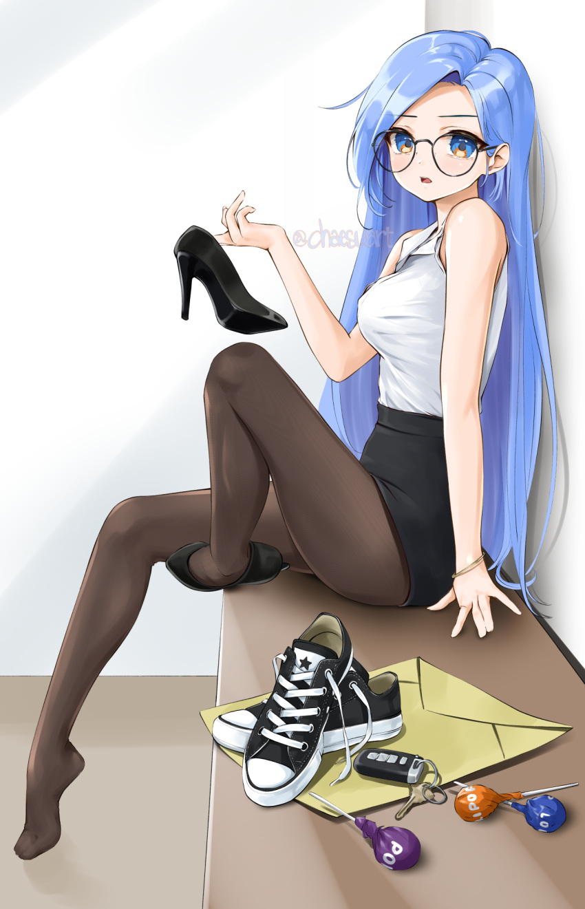 1girl arm_support bangs banned_artist bare_shoulders black_footwear black_skirt blue_eyes blue_hair breasts brown_legwear candy car_keys chaesu converse envelope food footwear_removed glasses high_heels highres indoors knee_up lollipop long_hair looking_at_viewer medium_breasts minah_(chaesu) office_lady open_mouth original pantyhose parted_bangs round_eyewear shirt_tucked_in shoes sitting skirt sleeveless sneakers solo twitter_username watermark white_skirt