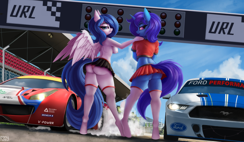 anthro bottomwear breasts burnout butt car clothing duo equid equine female female/female ferrari footwear ford ford_mustang genitals hasbro hi_res horn horse looking_at_viewer mammal my_little_pony nipples pegasus pony pony-way pussy race_track skirt smoke socks underwear unicorn vehicle wings