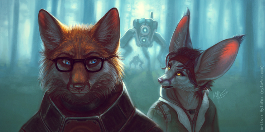 2:1 accessory alyx_vance anthro big_ears black_hair blue_eyes canid canine clothed clothing duo eyewear female fennec fox fur glasses gordon_freeman hair half-life headband hev_suit hi_res hunter_(half_life) machine male mammal mylafox open_mouth outside robot signature teeth text url video_games whiskers white_body white_fur yellow_eyes