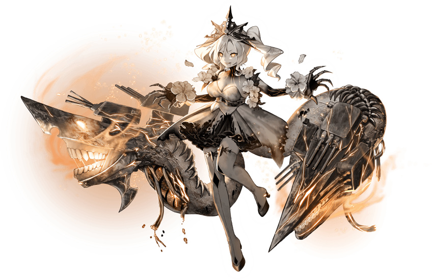 1girl abyssal_ship aura breasts claws cleavage colored_skin dress drill_hair flower flower_armlet full_body glowing glowing_eyes kantai_collection large_breasts long_hair monster_girl new_light_cruiser_princess official_art orange_eyes tiara transparent_background turret twintails ugume white_dress white_hair white_skin wire