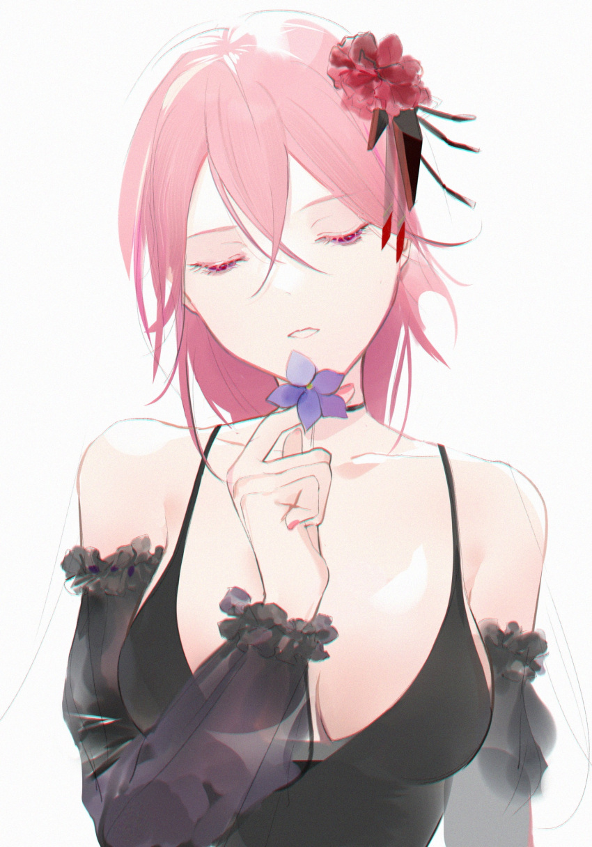 1girl absurdres bare_shoulders black_dress breasts chilli_646 cleavage closed_eyes collarbone dress eyebrows_visible_through_hair flower girls_frontline hair_flower hair_ornament hair_ribbon highres holding holding_flower holding_petal long_hair m82a1_(girls_frontline) medium_breasts nail_polish open_mouth petals pink_hair pink_nails ribbon solo white_background