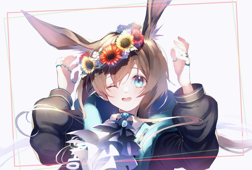 amiya_(arknights) animal_ears aqua_eyes arknights brown_hair bunny_ears flowers long_hair mitk_game