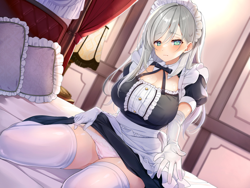 bed blush breasts cleavage gray_hair green_eyes headdress long_hair maid maronie. original panties panty_pull skirt_lift thighhighs underwear