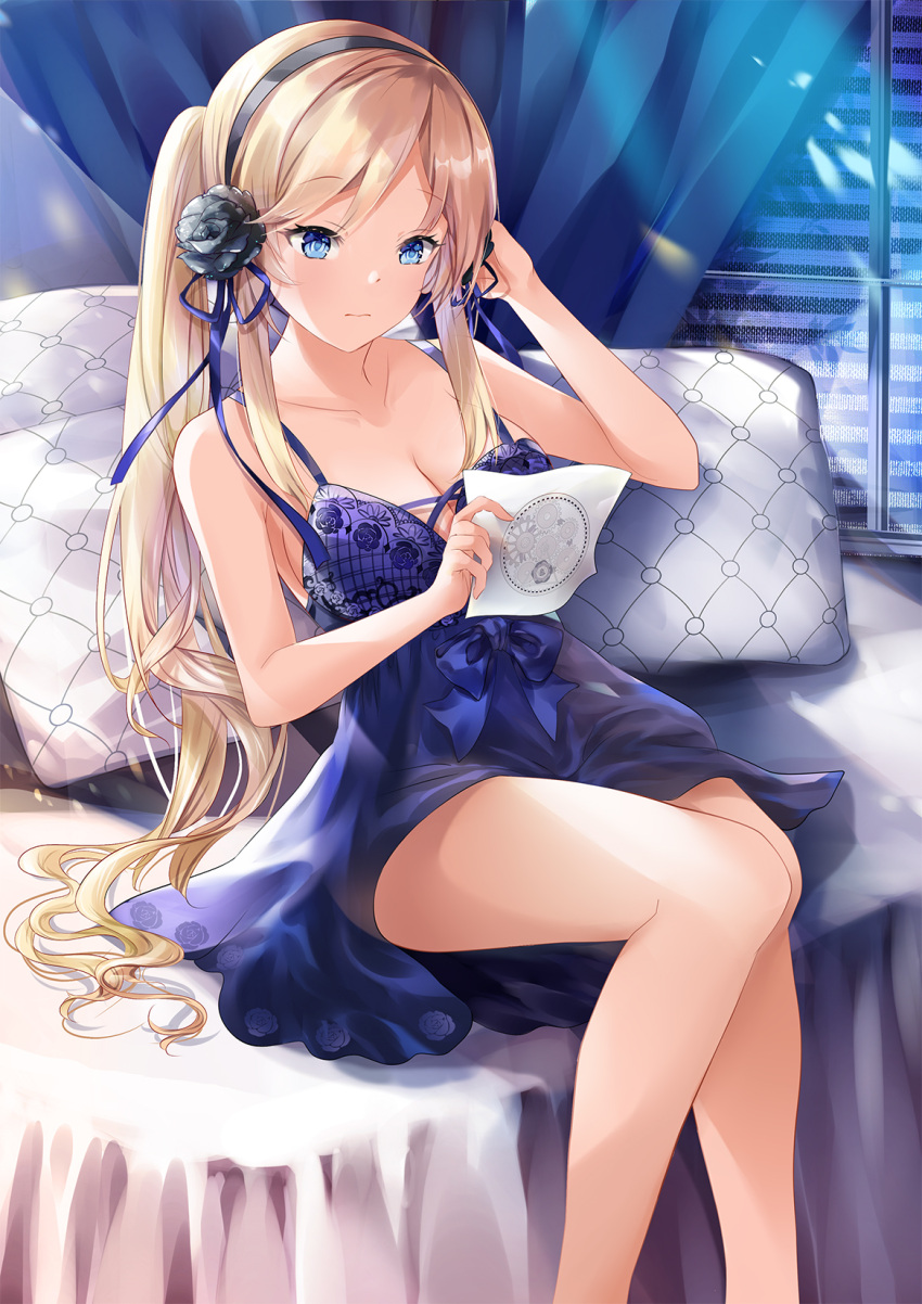 1girl bangs bare_legs bare_shoulders black_flower blonde_hair blue_eyes blush breasts cleavage collarbone commentary_request curtains dress eyebrows_visible_through_hair feet_out_of_frame flower hair_flower hair_ornament hair_ribbon hairband hand_up highres holding indoors long_hair medium_breasts mutang on_bed original pillow ponytail purple_dress purple_ribbon ribbon sitting solo very_long_hair