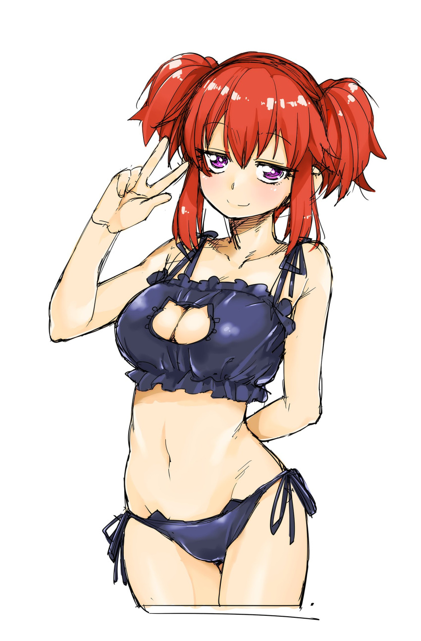 1girl akitsuki_itsuki black_bra black_panties bra breasts cat_lingerie cleavage closed_mouth copyright_request cowboy_shot cropped_legs hairband hand_up highres jitome large_breasts looking_at_viewer meme_attire panties purple_eyes red_hairband side-tie_panties simple_background sketch smile solo thigh_gap twintails underwear w white_background