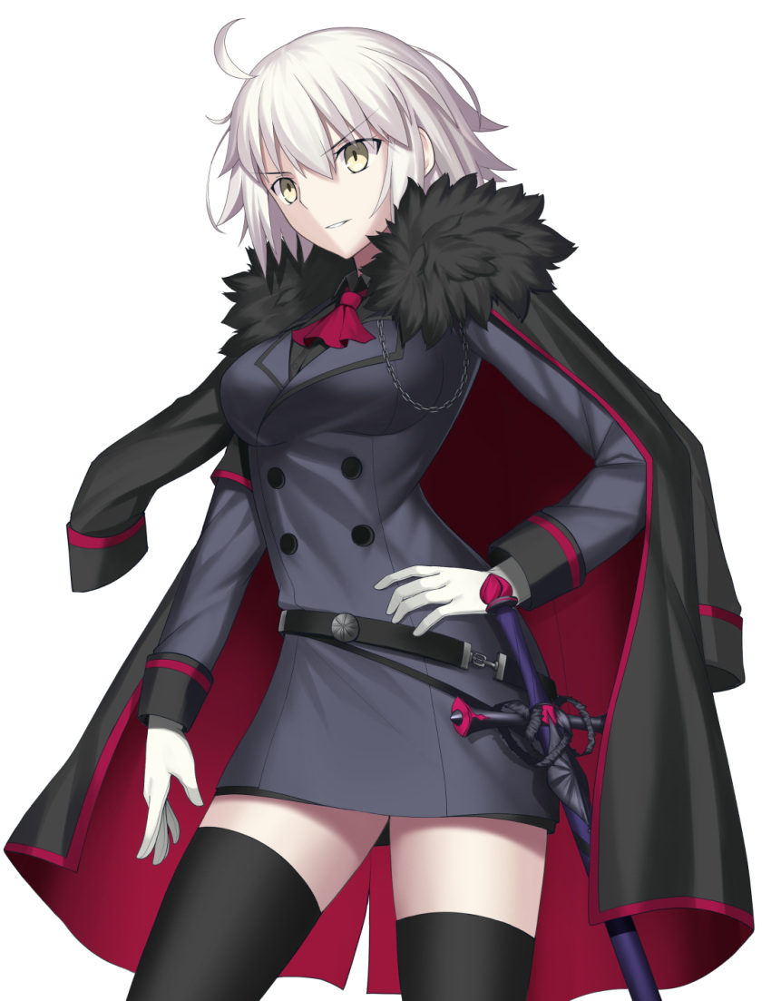 1girl ahoge alternate_costume black_legwear buttons contrapposto cowboy_shot double-breasted fate/grand_order fate_(series) fur-trimmed_collar gloves grey_hair hair_between_eyes hand_on_hip highres jacket jacket_on_shoulders jeanne_d'arc_(alter)_(fate) jeanne_d'arc_(fate)_(all) looking_to_the_side mishiro_(ixtlolton) short_hair smirk solo sword takeuchi_takashi_(style) thighhighs thighs weapon white_background white_gloves yellow_eyes zettai_ryouiki