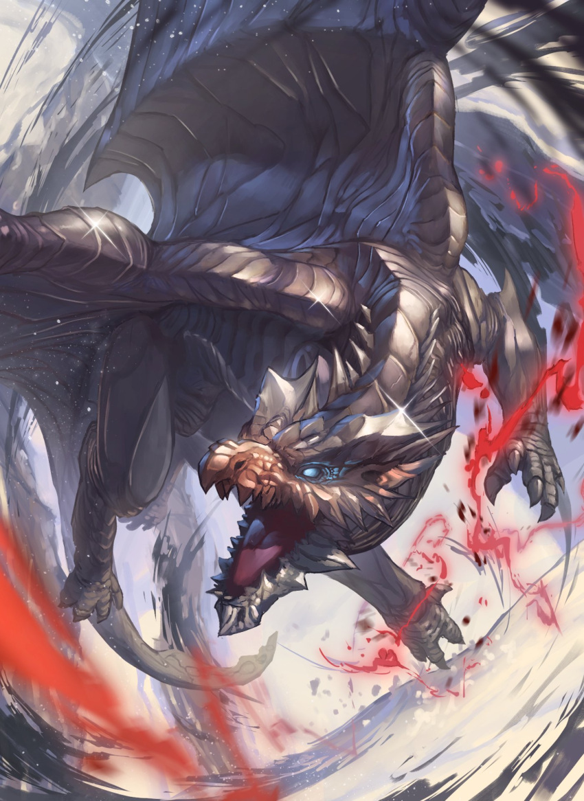 blue_eyes claws commentary_request dragon energy flying glint highres kushala_daora looking_to_the_side monster_hunter_(series) no_humans open_mouth shiny solo spareribs tongue