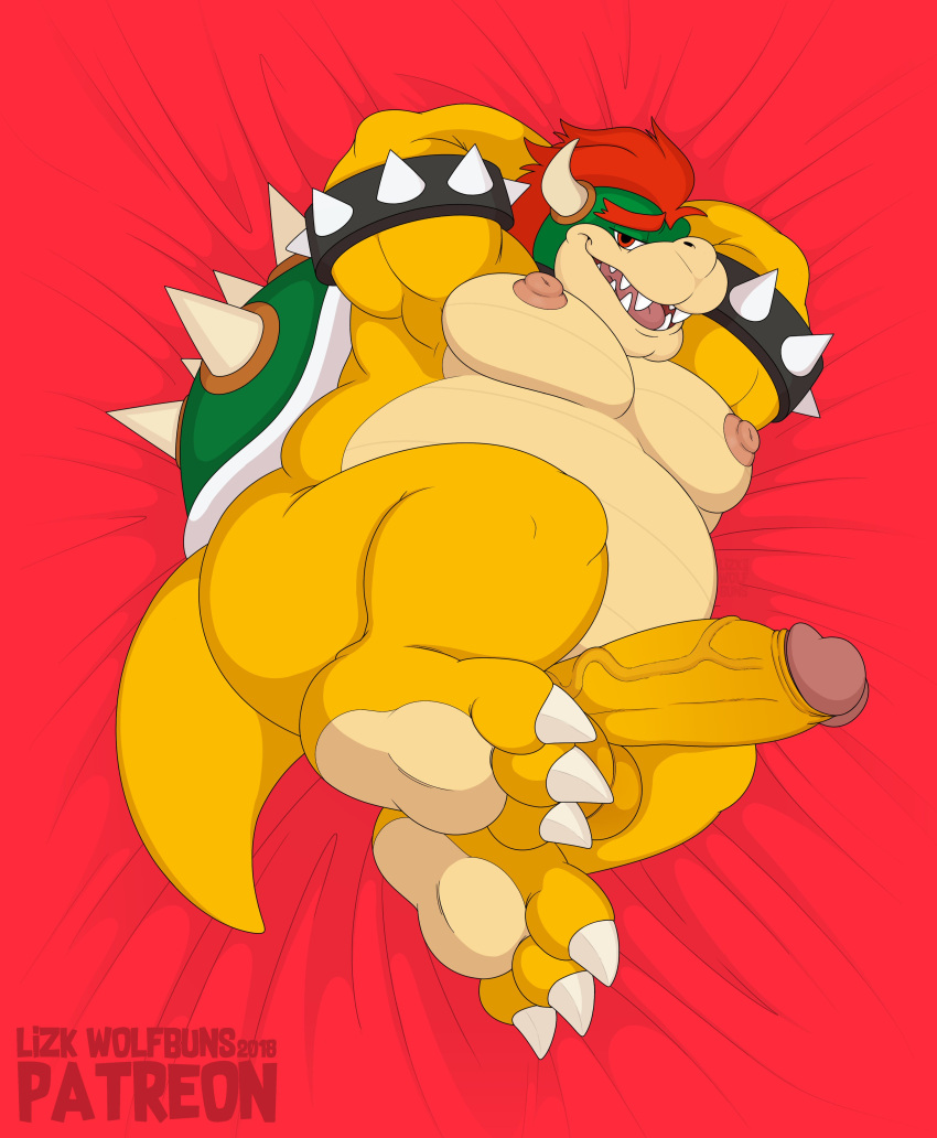 absurd_res anthro balls bed bed_sheet bedding bedroom_eyes biceps big_butt big_penis bowser bracelet butt erect_nipples erection feet furniture genitals glans hi_res jewelry koopa lying male mario_bros moobs narrowed_eyes nintendo nipples overweight overweight_anthro overweight_male penis scalie seductive shell solo spiked_bracelet spikes video_games wolfbuns