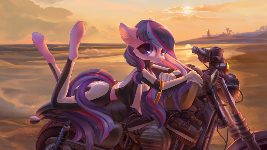 absurd_res anthro beach big_eyes biker biker_girl biker_jacket breasts butt clothing detailed_background earth_pony equid equine eyewear female floppy_ears fur hair harley_davidson hasbro hi_res horse jumperkit light lighthouse long_hair looking_at_viewer lying mammal motorcycle my_little_pony on_front palms pink_body pink_fur pony purple_hair sand scenery sea seaside serenity_pond_(shooterism) slim solo suit sun sunglasses sunlight sunset vehicle water young