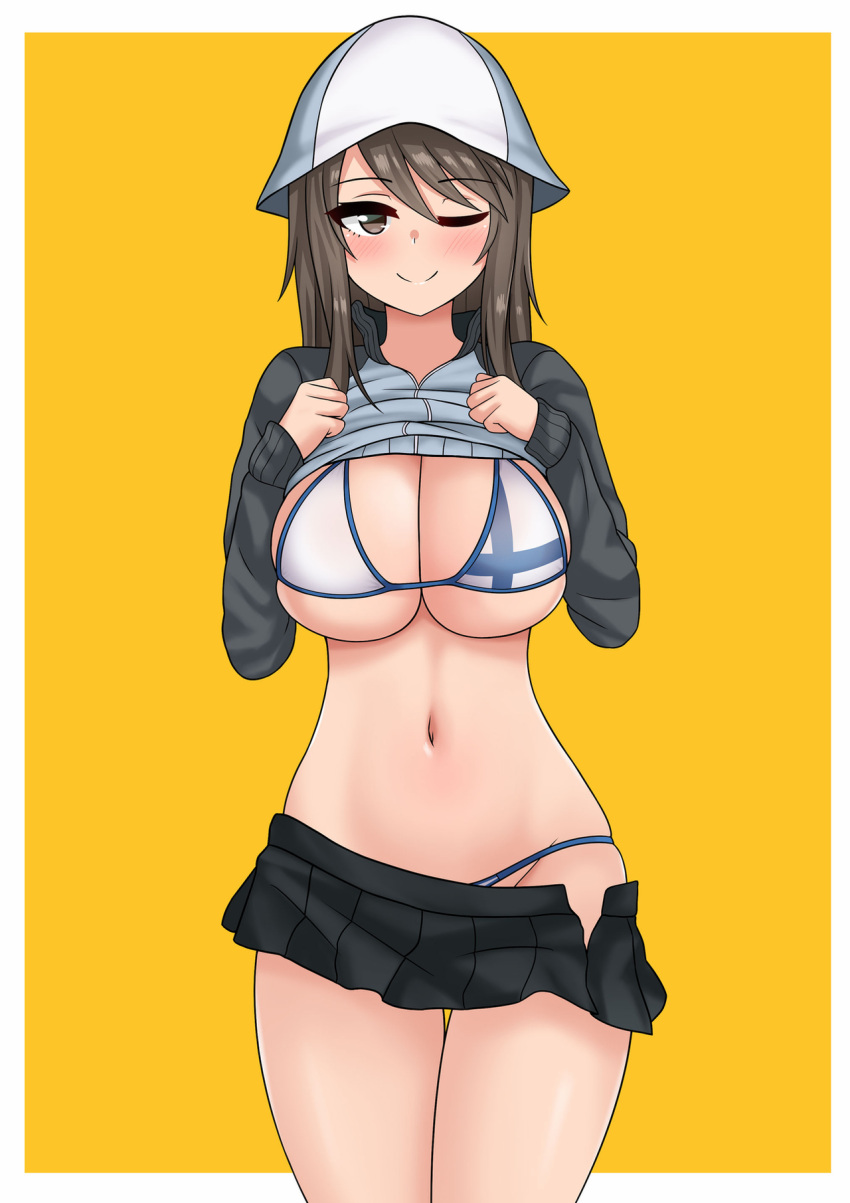 1girl bangs bikini blue_headwear breasts brown_eyes brown_hair clothes_lift clothes_pull finnish_flag_bikini flag_bikini girls_und_panzer hat highres keizoku_military_uniform large_breasts long_hair mika_(girls_und_panzer) one_eye_closed shirt_lift skirt skirt_pull swimsuit the_only_shoe tulip_hat unzipped yellow_background