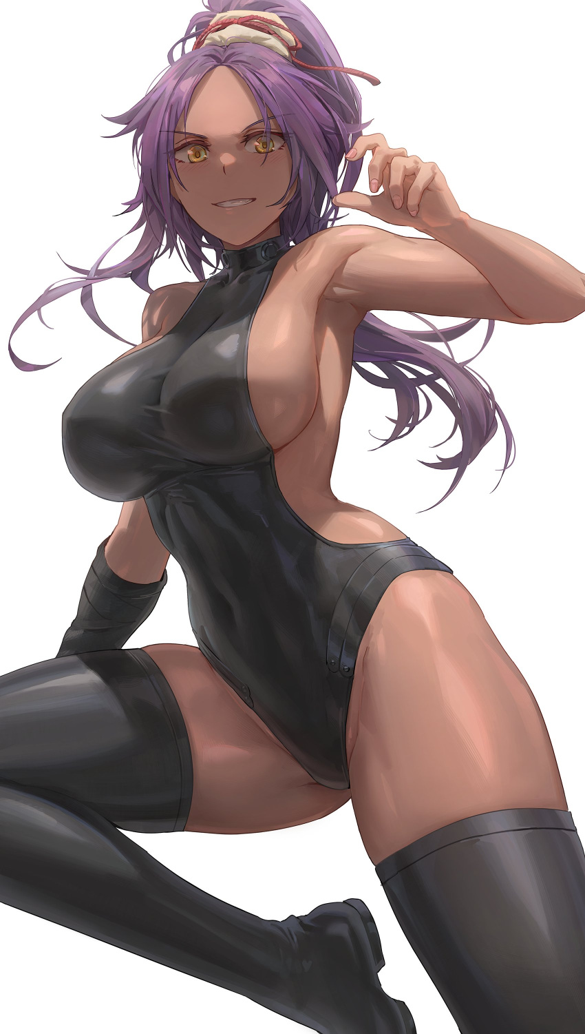 1girl absurdres armpits backless_leotard bangs black_footwear black_legwear black_leotard bleach boots breasts covered_navel dark-skinned_female dark_skin forehead free_style_(yohan1754) grin highleg highleg_leotard highres large_breasts leotard long_hair looking_at_viewer parted_bangs ponytail purple_hair shihouin_yoruichi sideboob sidelocks simple_background smile thigh_boots thighhighs thighs white_background yellow_eyes