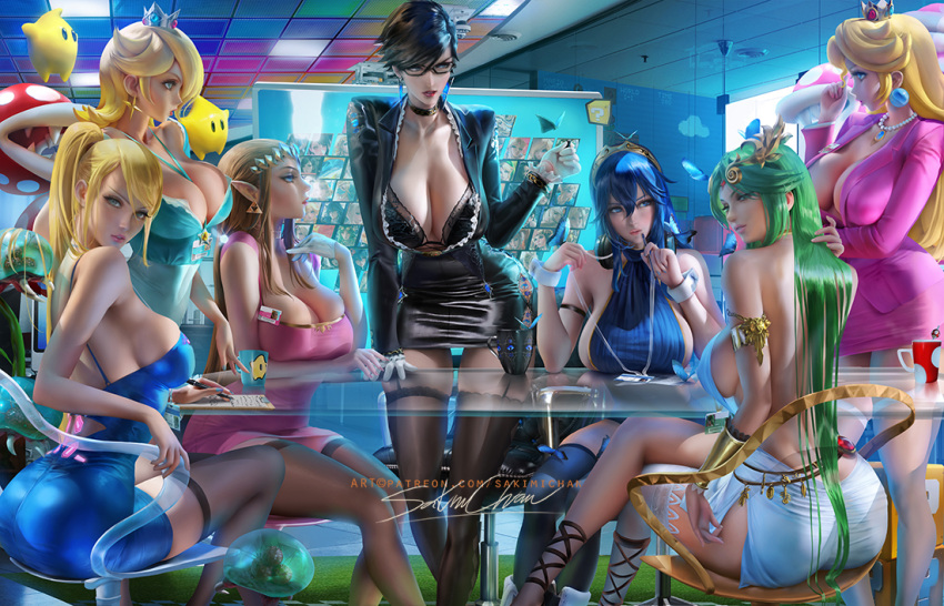 6+girls ?_block arched_back armlet ass bangs banned_artist bare_back bare_shoulders bayonetta black_hair blonde_hair blue_dress blue_hair breast_press breast_rest breasts brown_hair cleavage commentary crossed_legs crown curvy dress earrings english_commentary fire_emblem fire_emblem_awakening garter_straps glass_table glasses green_hair headgear headpiece jacket jeanne_(bayonetta) jewelry kid_icarus kid_icarus_uprising large_breasts lipstick long_hair looking_at_viewer looking_back lucina_(fire_emblem) luma_(mario) makeup mario_(series) meeting metroid metroid_(creature) multiple_girls necklace palutena parted_lips pearl_necklace pink_dress piranha_plant pointy_ears princess_peach princess_zelda rosalina sakimichan samus_aran short_dress short_hair signature sitting standing super_mario_bros. super_mario_galaxy super_smash_bros. table the_legend_of_zelda thighhighs watermark web_address
