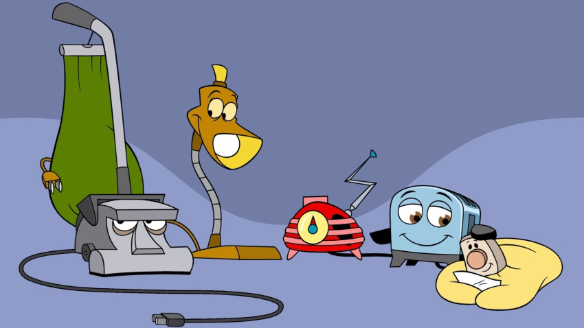 artist_request blue_background brown_eyes colored_sclera dial electric_blanket highres lamp light_bulb no_humans power_cord radio simple_background smile the_brave_little_toaster toaster two-tone_background vacuum_cleaner yellow_sclera